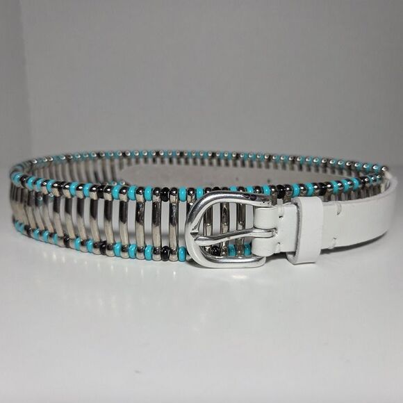 IRO White Leather Belt Silver Studs Turquoise Black Bead Accents Edgy Boho Sz 80 main image 11
